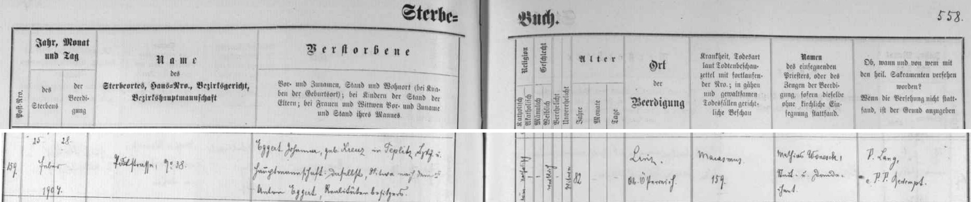 Záznam českobudějovické matriky o úmrtí Johanny Eggertové 25. února roku 1904, vdovy po Antonu Eggertovi, "majiteli realit"