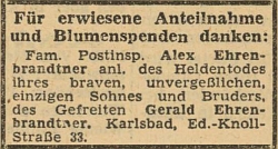Poděkování za soustrast k úmrtí jediného syna Geralda, který padl na východní frontě, na stránkách deníku NSDAP Oberdonau-Zeitung