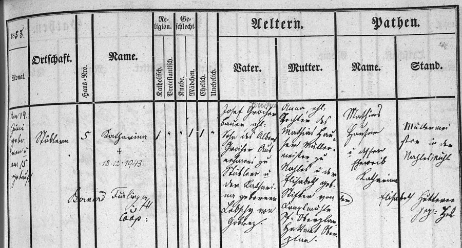 Záznam frymbuské křestní matriky a narození matčině v Posudově s pozdějším přípisem o datu jejího úmrtí