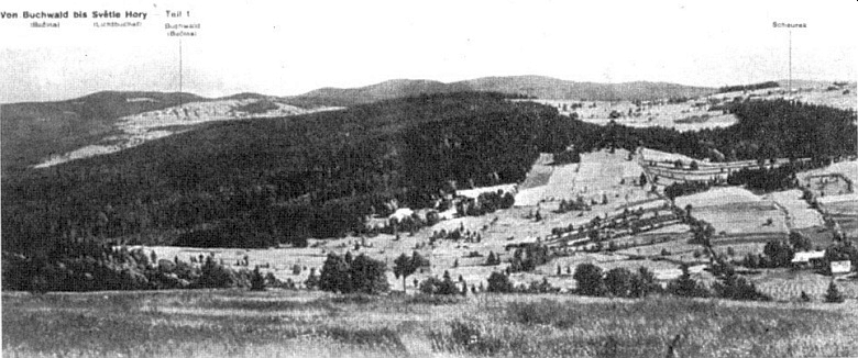 Polohu někdejšího Scheureku dobře vystihuje tajná panoramatická fotografie nacistického wehrmachtu z roku 1938, zabírající odleva Bučinu, dole vpravo část Světlých Hor a nahoře Scheurek - snímek objevil v jednom německém antikvariátě Reinhold Fink