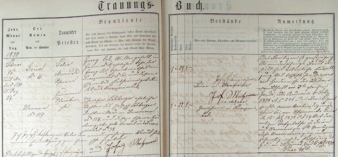 Záznam oddací matriky farní obce Hamry o svatbě jeho prarodičů s příjmením psaným ještě "Erl"