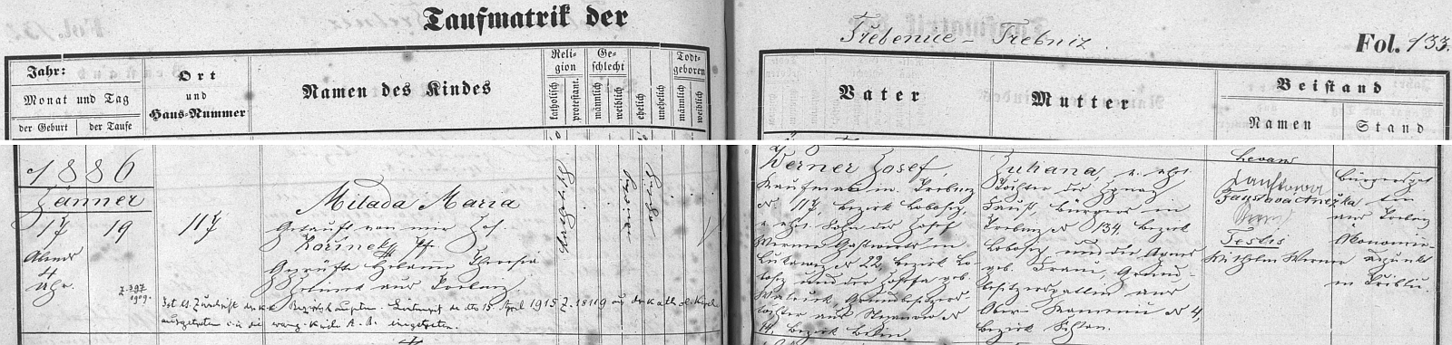 Záznam třebenické křestní matriky o narození manželčině