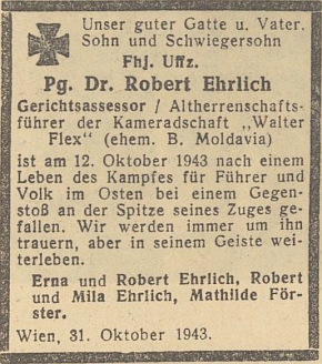 Úmrtní oznámení synovo v nacistických novinách