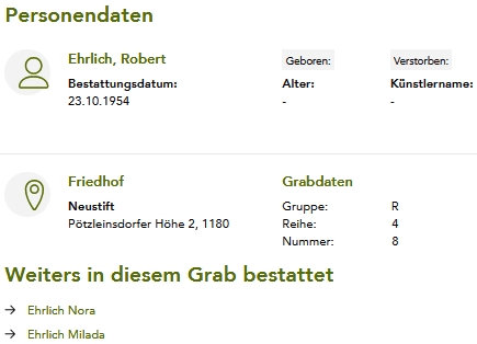 Záznam o pohřbu Roberta Ehrlicha "staršího"