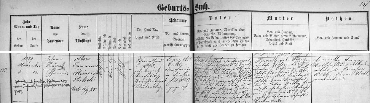 Záznam v "novosvětské" křestní matrice o narození jeho bratra Aloise 8. listopadu roku 1879 na Švajglových Ladech čp. 5