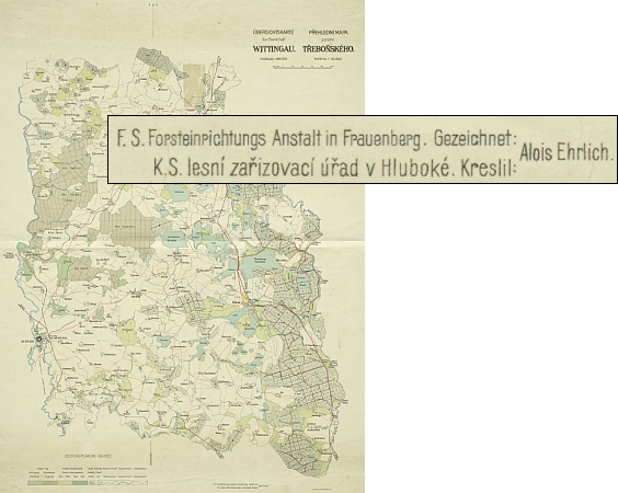 ... a jím nakreslená mapa schwarzenberského panství Třeboň (klikněte na náhled pro digitalizovanou mapu)