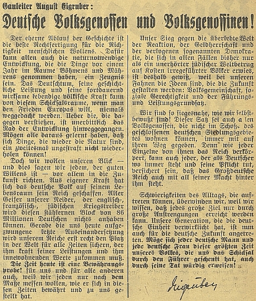 Jeho text uveřejněný 16. března 1940 v Budweiser Zeitung