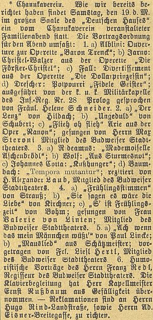 Jeho druhá žena Valerie von Linten zpívala podle této zprávy v prosinci roku 1908 jako členka zdejšího městského divadla na rodinném večeru židovského sdružení "Chanukaverein"