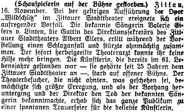Poslední zmínka Albertu Eilersovi juniorovi v rakouském tisku je spojena s touto zprávou o smrti jeho ženy Valerie přímo na jevišti žitavského divadla, jehož byl tehdy ředitelem