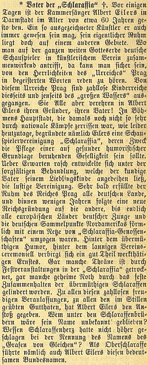 Nekrolog "otce Schlaraffie" Alberta Eilerse "staršího" na stránkách českobudějovického německého listu