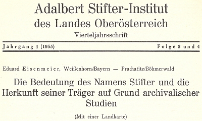 Záhlaví jeho textu o významu příjmení Stifter ve čtvrtletníku lineckého Institutu Adalberta Stiftera