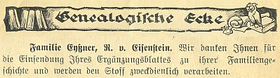 V čísle 6-7 ročníku 1935 časopisu Mein Böhmerwald se pod záhlavím "genealogického" koutku objevila i tato zprávička