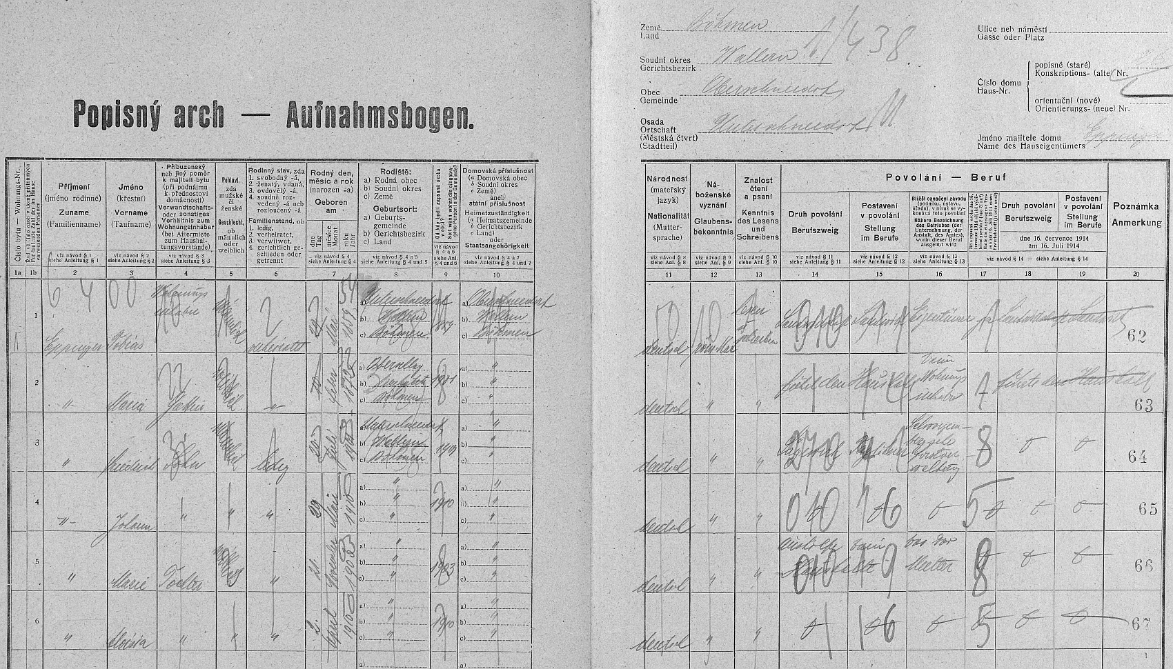 Arch sčítání lidu z roku 1921 pro stavení čp. 26 v Dolní Sněžné