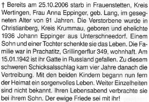 Oznámení o matčině úmrtí v krajanském časopise, z níž se dovídáme i adresu dnes už neexistujícího bydliště v Prachaticích v ulici Pod Cvrčkovem