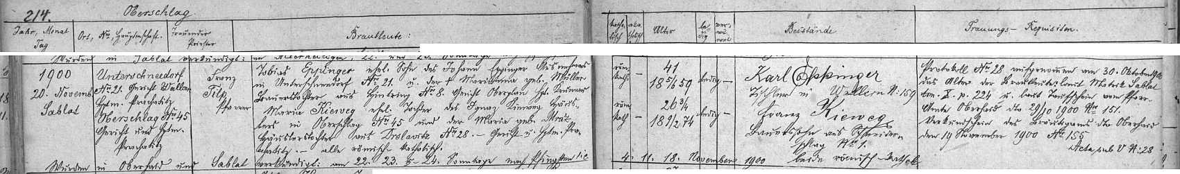 Záznam oddací matriky farní obce Záblatí o svatbě jeho prarodičů Tobiase a Marie Eppingerových