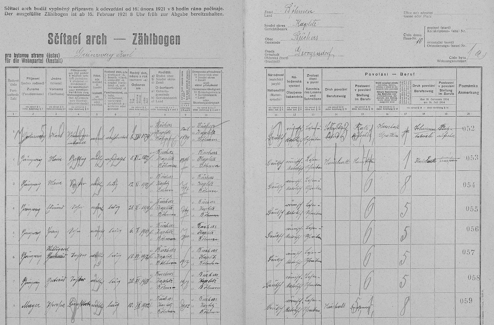 Arch sčítání lidu z roku 1921 pro stavení čp. 10 ve dnes zcela zaniklých Jiřicích (Georgendorf) s rodinou jeho babičky, byl to hostinec Karla Grünzweiga (*1. prosince 1874) a žil tu se svou ženou Marií (*5. listopadu 1887), dvěma syny a třemi dcerami Marií (*12. listopadu 1907), Hildegard (*18. července 1912) a Gertraud (*20. listopadu 1913), z nichž ta nejmladší studovala na německém učitelském ústavu v Českých Budějovicích - asi stojí za zmínku, že v roce 1942 nebyl pro válečné účely zabaven zvon na střeše hostince, poněvadž měl průměr pouhých 20 centimetrů, jak se píše v německé rodácké pamětní knize obce Pohoří na Šumavě (Buchers) z roku 2009