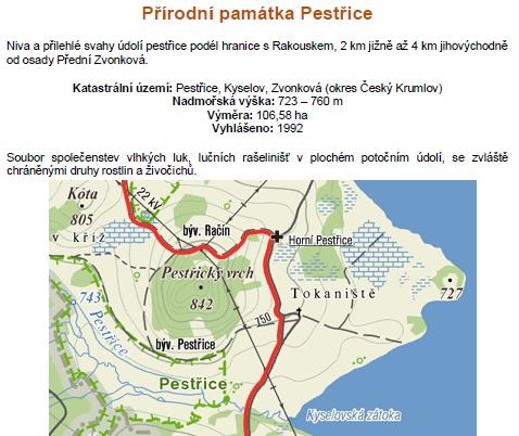 Mapa a charakteristika přírodní památky Pestřice