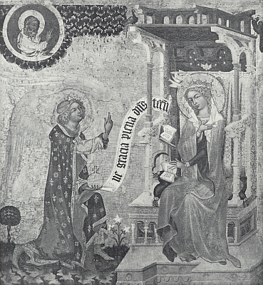 Detail a celek obrazu Zvěstování Panny Marie z cyklu Mistra vyšebrodského, jehož na svou dobu dokonalé černobílé reprodukce byly rovněž součástí Ernstovy knihy z roku 1912 - snad stojí za zmínku, že Matka Boží je na nich světlovlasá