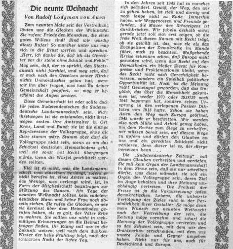 Tady se ocitla Madona krumlovská na prvé stránce ústředního listu vyhnaných krajanů roku 1953 hned vedle úvodníku Rudolfa Lodgmana von Auen o devátých Vánocích mimo domov...