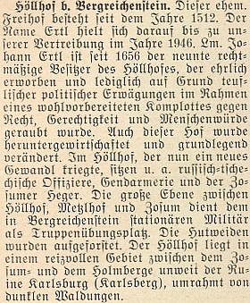 Zpráva o stavu Höllhofu a okolí v roce 1955 na stránkách krajanského měsíčníku