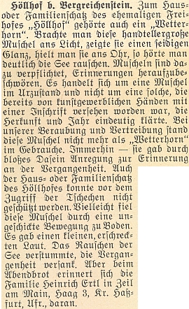 O mušli, ve které na statku "Peklo" zaznívalo kdysi moře, Heinrich Ertl poslal do krajanského měsíčníku v roce 1956 tento nepodepsaný text