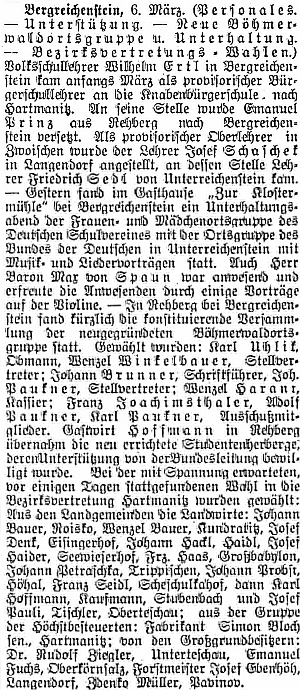 Zprávu o jeho přemístění do Hartmanic v roce 1910 provází v plzeňském německém listu i referát o tom, že baron Max von Spaun zahrál na zábavném večeru v kašperskohorském hostinci "U Klášterského Mlýna" na housle