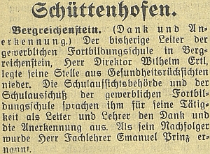 Zpráva o jeho rezignaci na vedení živnostenské pokračovací školy v roce 1933