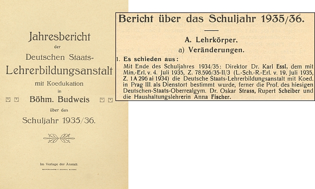 Záznam o jeho odchodu z Českých Budějovic do Prahy na konci školního roku 1934/35 ve výroční zprávě německého učitelského ústavu