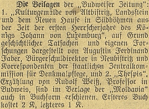 Zpráva o jeho práci, vydané jako příloha českobudějovického německého listu v roce 1920