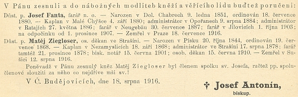 Zpráva o jeho úmrtí v Ordinariátním listu českobudějovické diecéze
