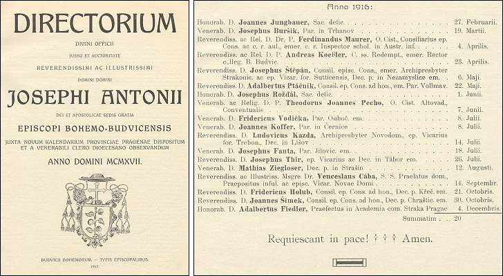 Titulní list (1917) diecézního Directoria a seznam v roce 1916 zemřelých kněží - vedle Josefa Fanty v něm nacházíme i P. Václava Cábu