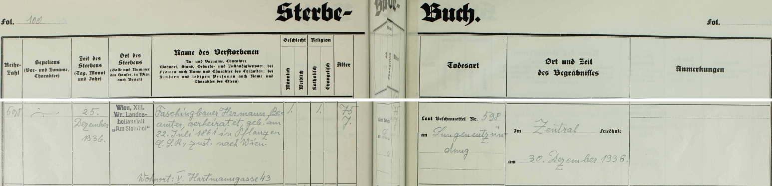 Záznam o jeho úmrtí v knize zemřelých vídeňské farnosti Baumgarten
