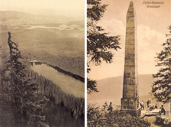 Plešné jezero od Jezerní stěny a Stifterův obelisk na starých pohlednicích