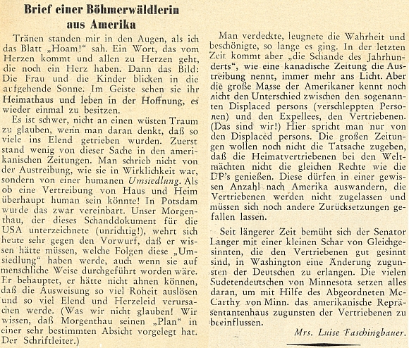 Text jejího dopisu z Ameriky, jak vyšel v březnovém čísle měsíčníku "Hoam!" roku 1950