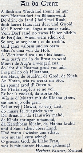 První verze jeho nářeční básně Na hranici, jak vyšla v příloze pro mladé krajanského měsíčníku "Hoam!"