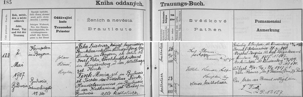 Záznam v českobudějovické "Knize oddaných" o svatbě jeho rodičů v květnu roku 1907: ženich Friedrich Fehr je tu uveden jako královský bavorský bankovní úředník rodem z Lindenbergu, okres Lindau, syn tamního majitele továrny na výrobu slaměných klobouků a jeho ženy Walburgy, roz. Kinkové, nevěsta Maria byla dcerou českobudějovického obchodníka Fidelia Finka a Kathariny, roz. Pužejové rovněž z Českých Budějovic - Fidelius Fink připojil na znamení souhlasu s dceřinou svatbou i vlastnoruční podpis