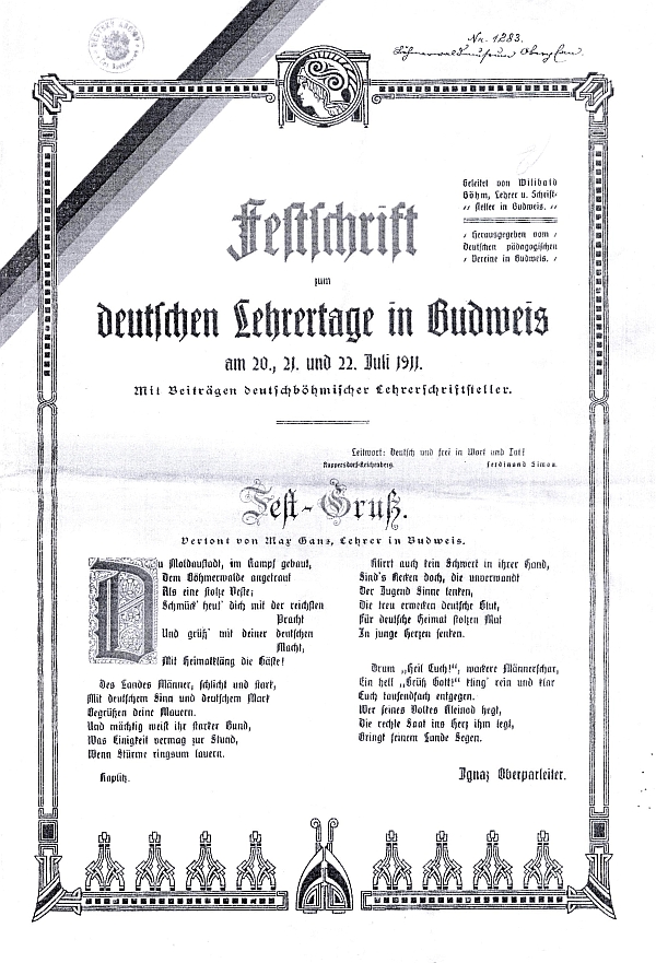 Titulní list brožury, vydané ke sněmu německého učitelstva, který se konal v červenci 1911 v Českých Budějovicích a pozdravil ho Ignaz Oberparleiter básní, zhudebněnou Maxem Gansem