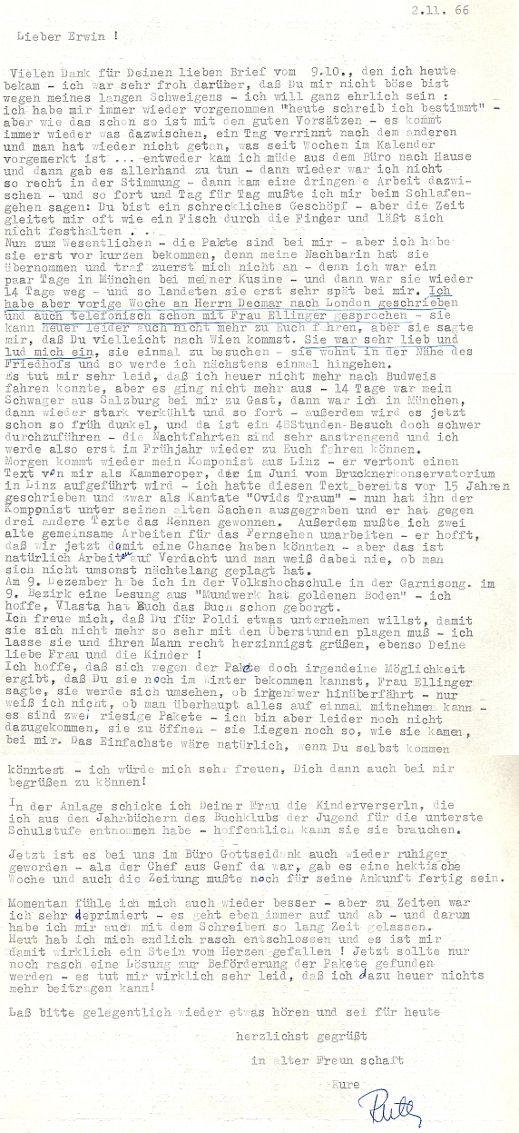 Německy psaný dopis Ervínu Polákovi (do roku 1961 Erwinu Pollakovi) s pasáží o opeře Ovidiův sen