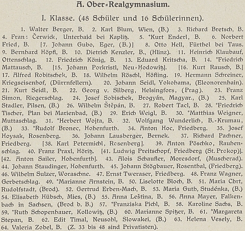 Tady je na seznamu studentů 1. třídy německého vyššího reálného gymnázia v Českých Budějovicích ve školním roce 1924-1925 (neuvěřitelná je zeměpisná pestrost jejich původu) uvedena pod pořadovým číslem 59 s hvězdičkou jako premiantka, s bydlištěm ve Chvalovicích