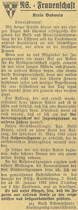 Její výzva na stránkách budějovického německého listu svědčí i o angažovanosti v ženském nacistickém hnutí