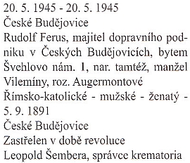 Záznam o smrti otcově "v době revoluce" z knihy zemřelých a pohřbených děkanského úřadu České Budějovice, svazek č. 24