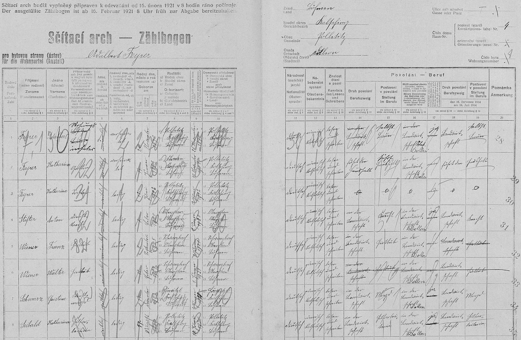 Arch sčítání lidu z roku 1921 pro stavení čp. 4 v Dolanech, kde hospodařil jeho bratr Adalbert, syn Adalberta Feyrera (i jeho otec Adalbert tu kdysi na čp. 4 hospodařil se svou ženou Agnes, roz. Bürgerovou ze zaniklého Podvoří /Podwurst/ čp. 13) a Theresie, dcery chalupníka v rovněž dnes zaniklých Krásných Polích (Schönfelden) čp. 6 Matthause Radische a Johanny, roz. Bergerové z Krásných Polí čp. 3, se ženou, dcerou, 3 služebnými silami a dvěma pasáčky (německy se jim říkalo "Hirtenbub")