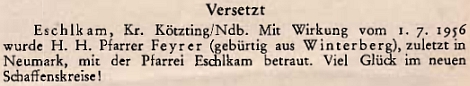 Oznámení o jeho jmenování farářem v Eschlkamu