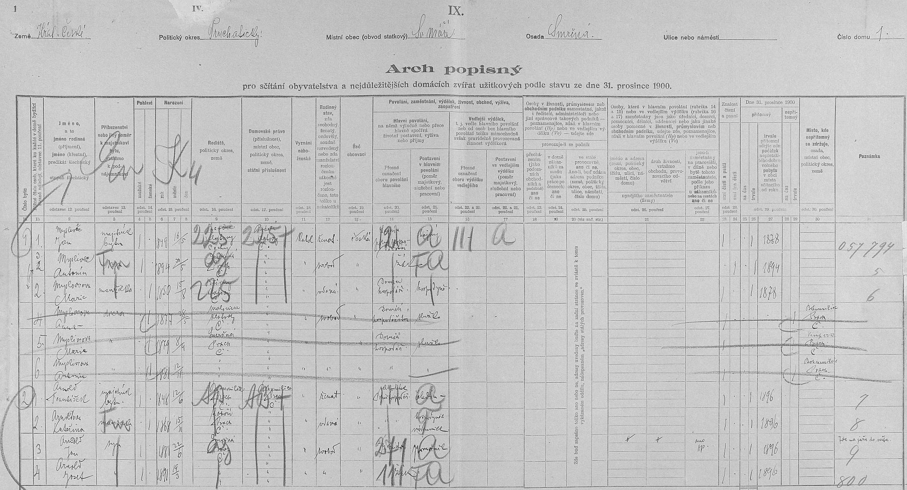 Arch sčítání lidu z roku 1900 pro stavení čp. 1 ve Smrčné s rodinou Myslivcovou včetně jeho matky Marie