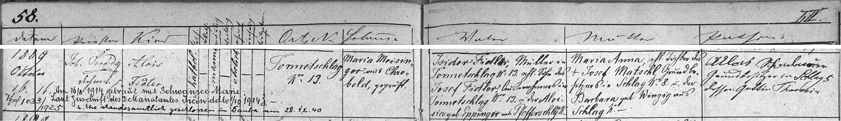 Záznam o narození Aloise Fiedlera v prachatické matrice s přípisy o obou svatbách