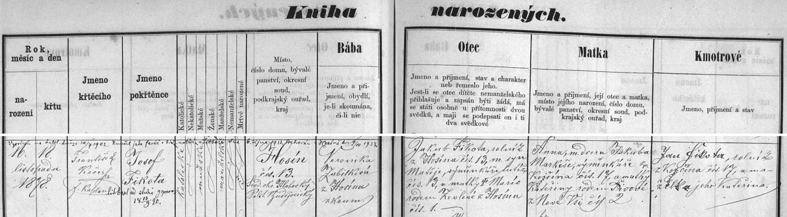 Záznam o jeho narození v hosínské matrice s přípisem o jeho vysvěcení, úmrtí v Šitboři a pohřbu v Hosíně