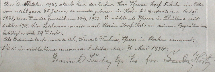 Zápis v šitbořské farní kronice o jeho úmrtí, pod nímž vidíme záznam o "vizitaci" Dominika Šandy z května 1934