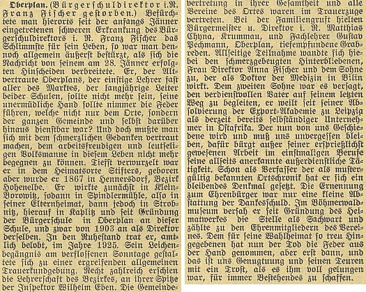 Zpráva o jeho úmrtí a pohřbu v Horní Plané i za účasti školního inspektora Wilhelma Ebena z Českého Krumlova a za neúčasti jednoho ze synů, který se stal podnikatelem v daleké východní Africe