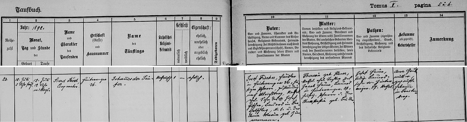 Záznam o jeho narození v křestní matrice farní obce Schwarzenberg