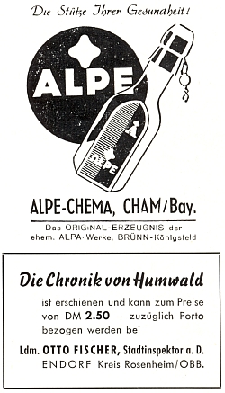 Inzerce i u nás stále populární francovky (zde ovšem od výrobce v Chamu) nad kronikou obce Chlum (Humwald) a jeho jménem v krajanském časopisu